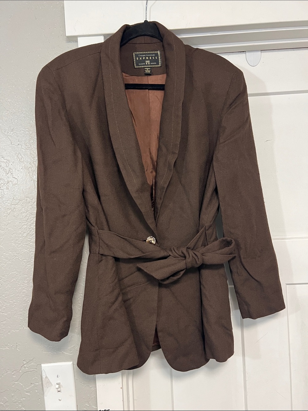 VINTAGE 90’s EXPRESS CHOCOLATE BROWN RAYON TIE FRONT BLAZER WOMEN’S 11/12
